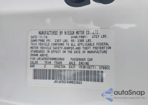 2017 Nissan Gt-R Premium z USA, uszkodzony, nr VIN JN1AR5EF6HM820840